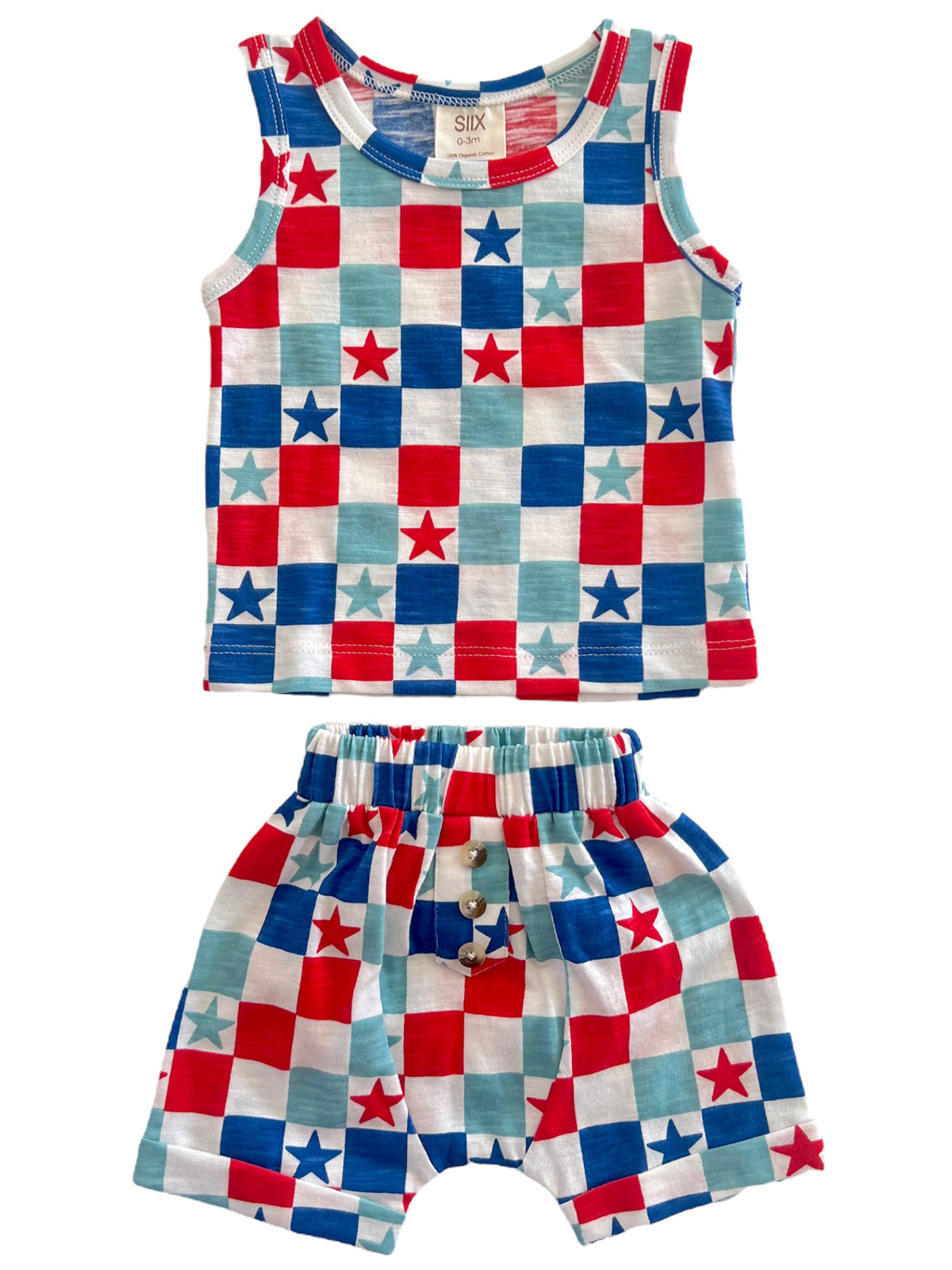Red, white, and blue star-patterned infant outfit with a tank top and shorts, designed for ages 0-3 months.