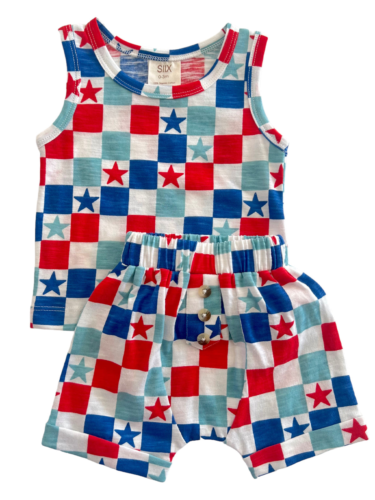 Red, white, and blue checkered outfit with star patterns for infants, featuring a tank top and shorts.