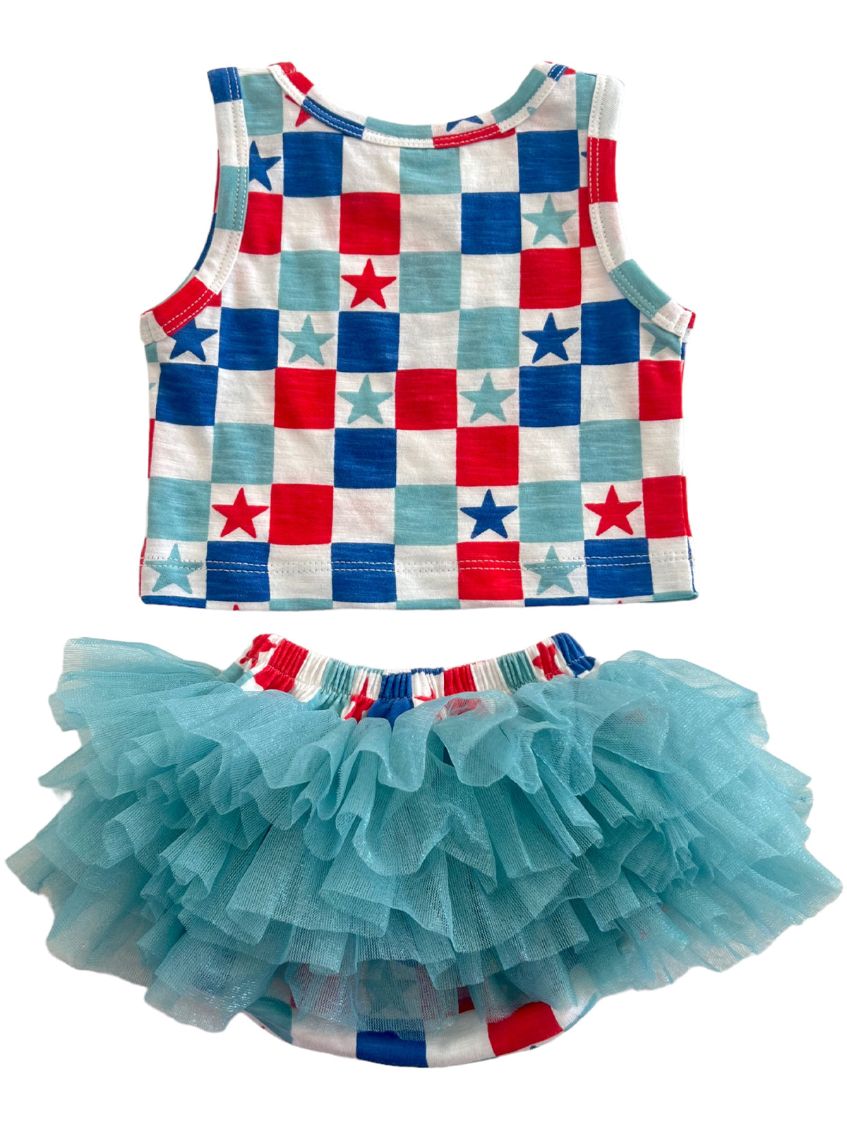 Red, white, and blue star-print tank top paired with a fluffy aqua tulle skirt. Ideal for festive occasions.
