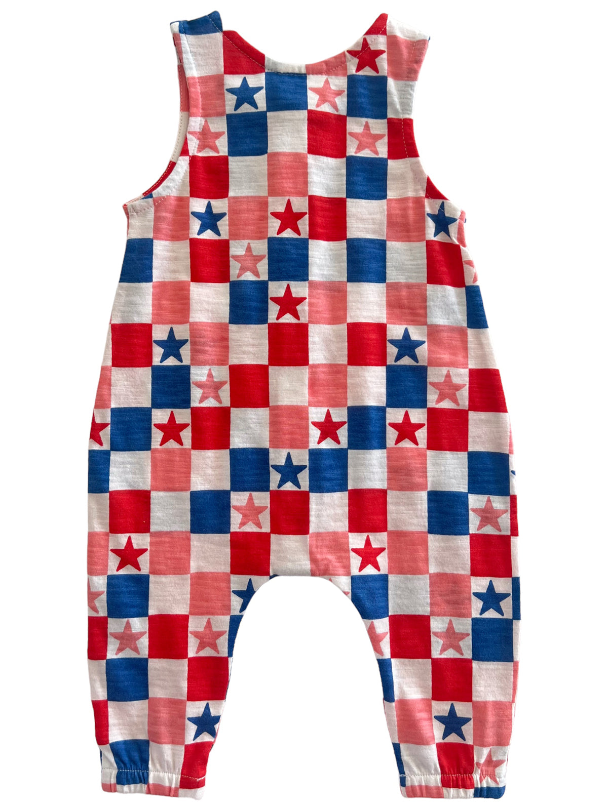 Red, white, and blue star-patterned baby romper, with a checkerboard design.