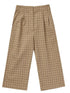 Beige plaid trousers with wide legs and front pleats. Ideal for casual or business casual outfits.