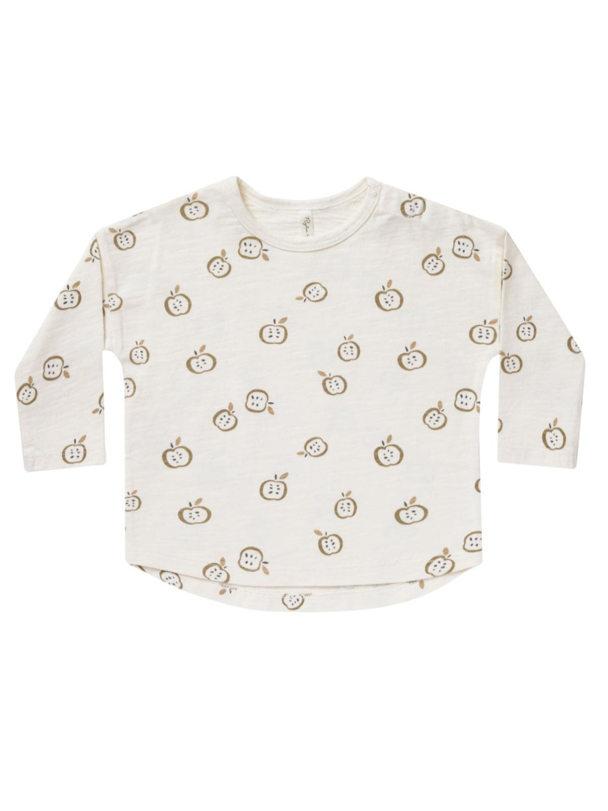 Light cream long-sleeve shirt with a playful apple print in brown and green tones.