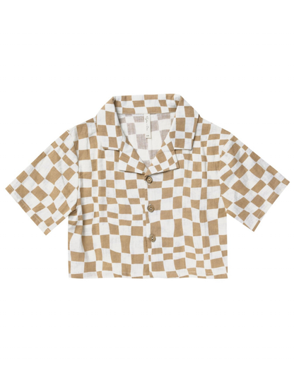 Brown and white checkered short-sleeve button-up shirt with a collar and cropped cut.