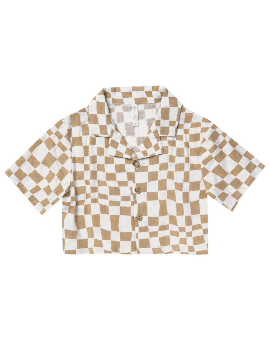 Brown and white checkered short-sleeve button-up shirt with a collar and cropped cut.