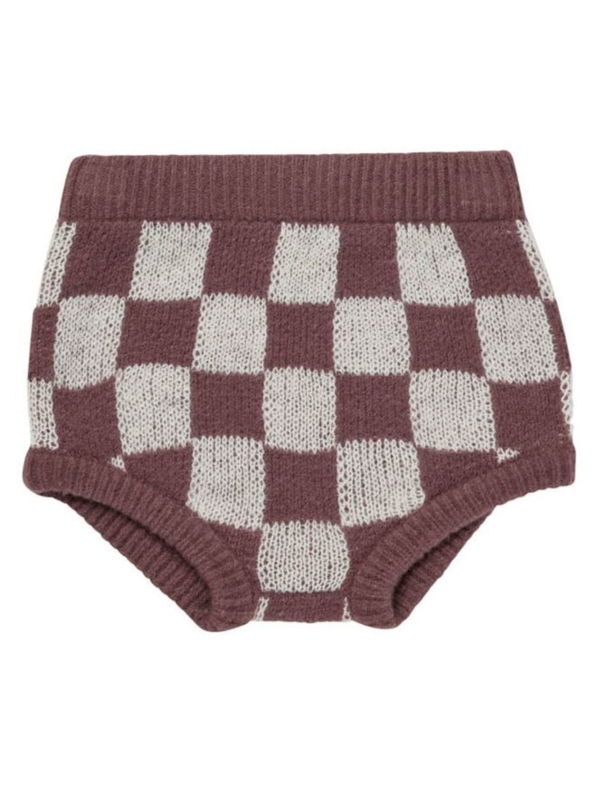 Knitted baby bloomers with a checkered pattern in maroon and cream colors. Soft and comfortable design.