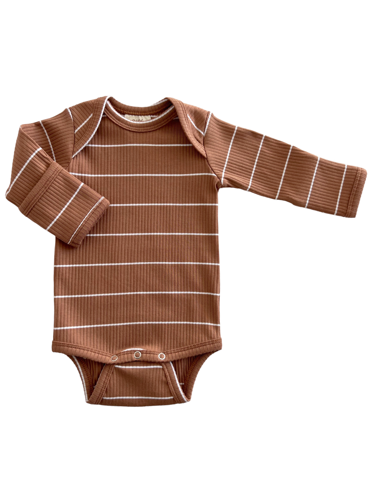 Brown striped long-sleeve baby bodysuit with snap closures at the bottom.