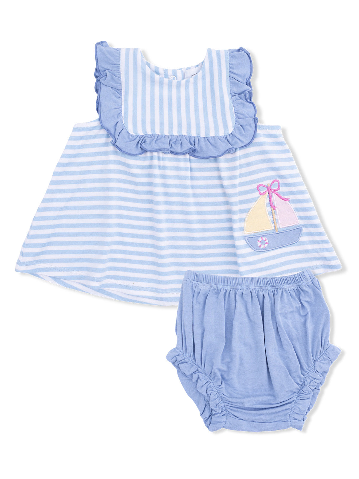 Light blue toddler outfit with striped top and matching bloomers featuring a sailboat design.
