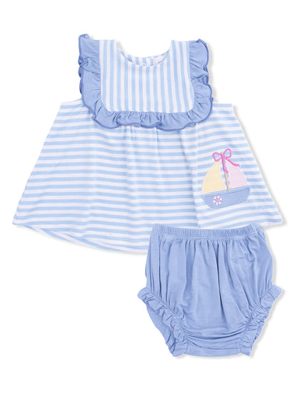 Light blue toddler outfit with striped top and matching bloomers featuring a sailboat design.