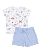 Children's summer outfit featuring a marine-themed t-shirt and light blue shorts.