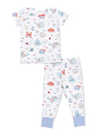 Children's pajama set featuring playful marine animal designs in soft colors, including crabs, whales, and octopuses.