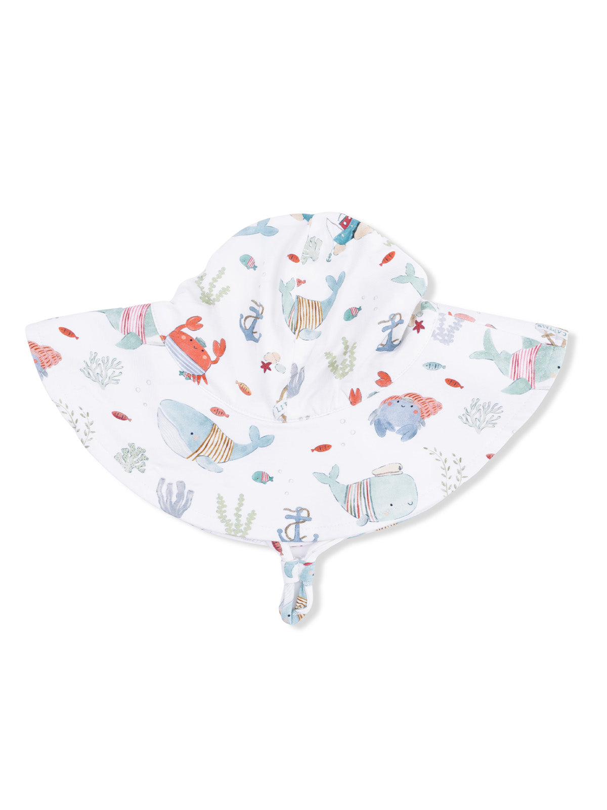 Child's sun hat featuring playful marine life patterns, including whales, crabs, and coral. Perfect for sunny days.