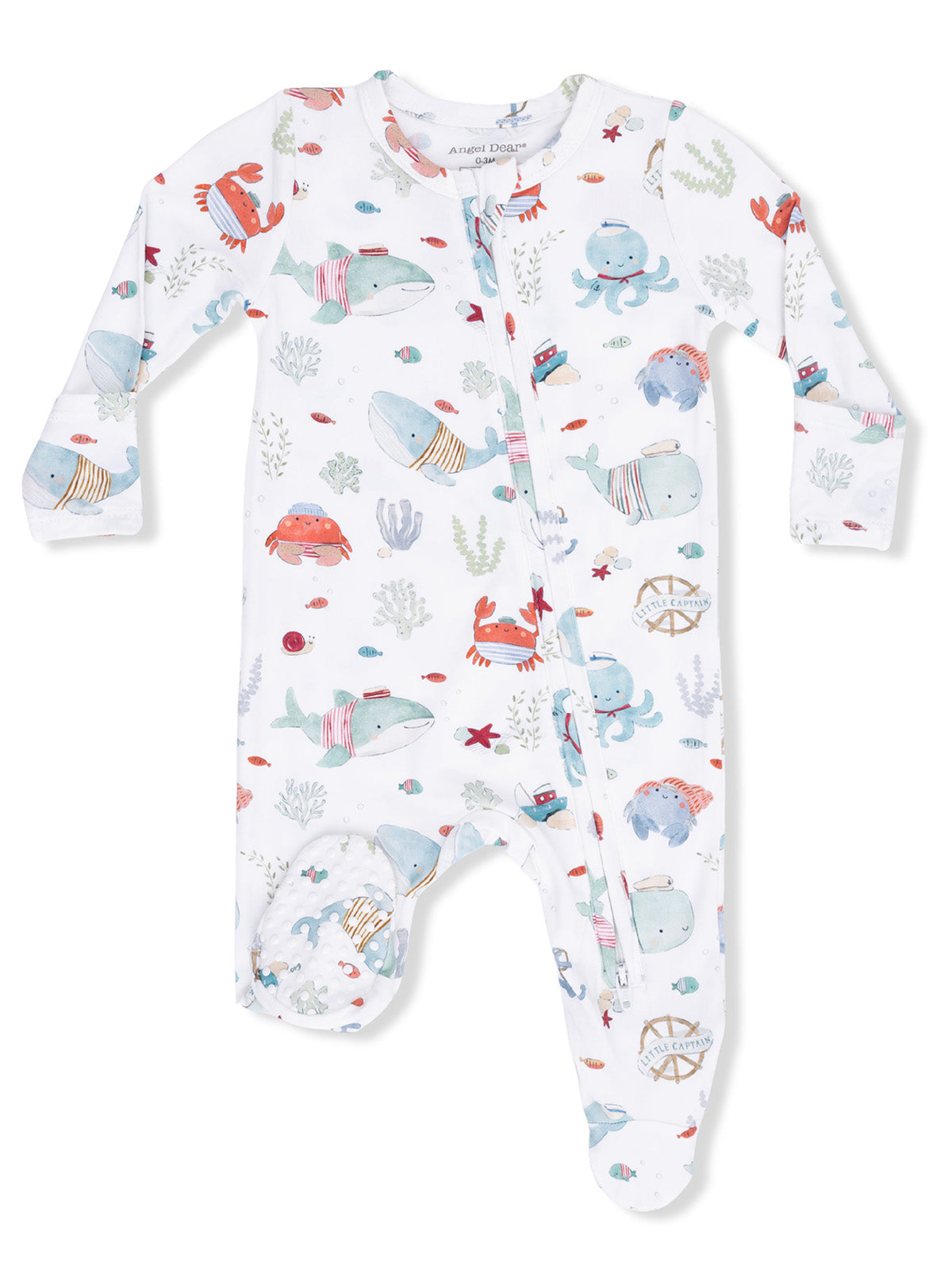 White baby onesie featuring colorful sea creatures like whales, crabs, and octopuses in a whimsical underwater design.