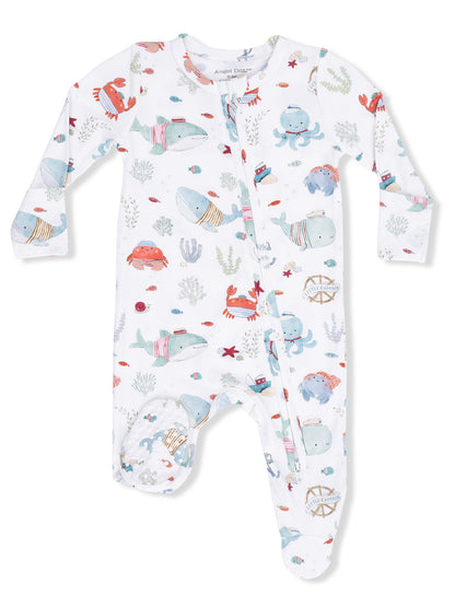 White baby onesie featuring colorful sea creatures like whales, crabs, and octopuses in a whimsical underwater design.
