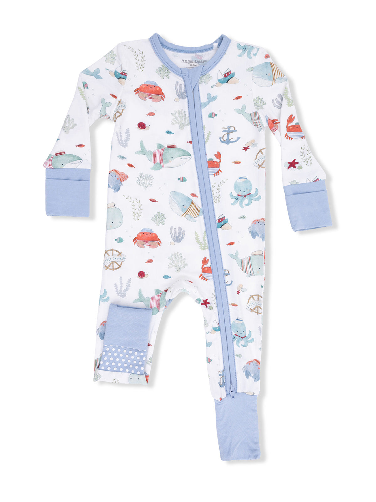 Baby ocean-themed pajama set with colorful sea creatures and a zipper, featuring blue sleeves and legs.