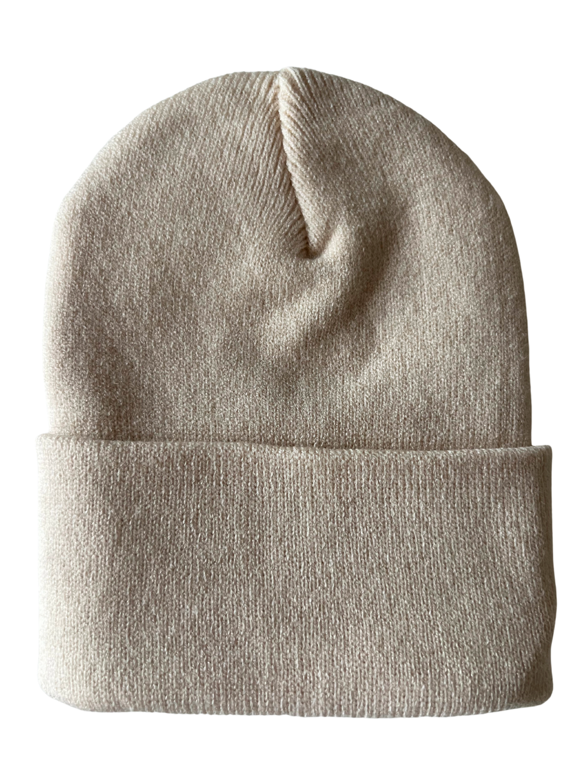 Beige knit beanie hat with a folded cuff, displayed flat against a white background.