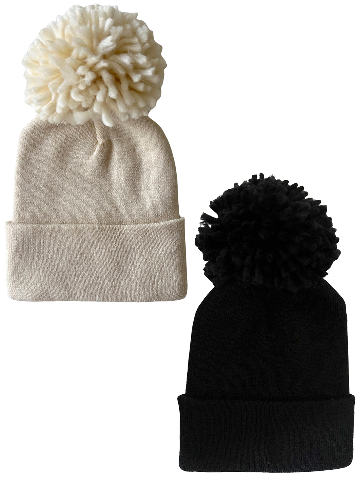 Two knitted beanies: one cream with a fluffy pom-pom, one black with a pom-pom on top.