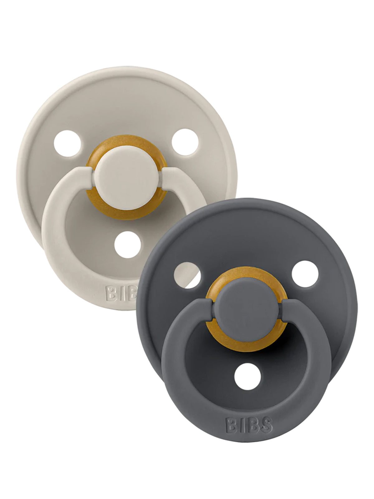 Two pacifiers in beige and gray, featuring a round shape and a gold accent. Ideal for infants and toddlers.