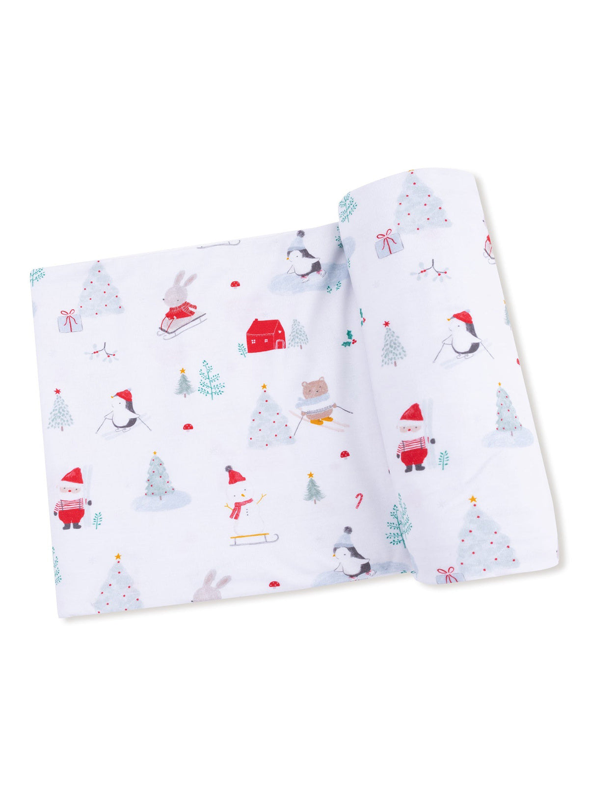Holiday-themed fabric featuring animals, trees, and gifts in a playful winter scene.