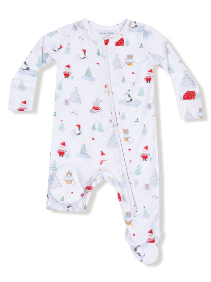 White footed pajamas featuring festive animal and holiday-themed prints, ideal for infants and toddlers.