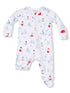 White footed pajamas featuring festive animal and holiday-themed prints, ideal for infants and toddlers.