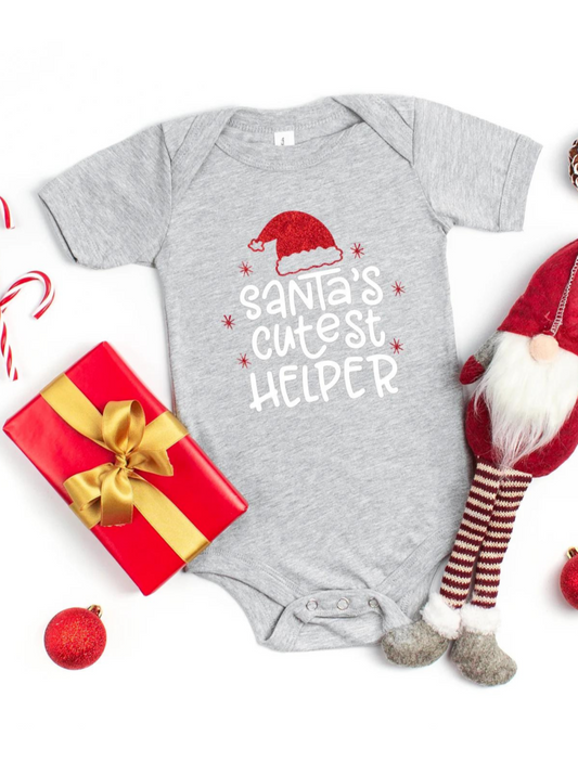 Santa's Cutest Helper Glitter Short Sleeve Bodysuit, Heather Grey