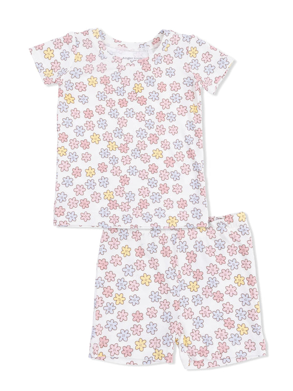 Children's pajama set featuring a short-sleeve top and shorts with a colorful floral pattern.