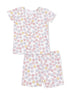 Children's pajama set featuring a short-sleeve top and shorts with a colorful floral pattern.