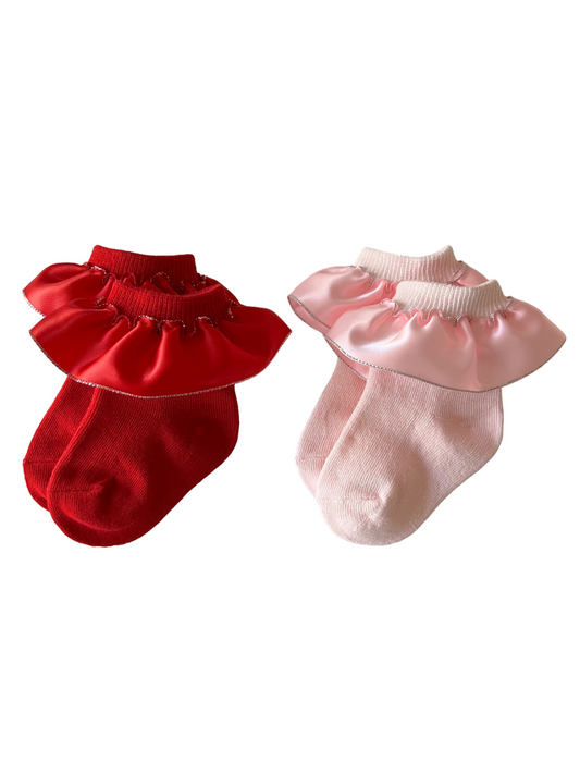 2-Pack Satin Ruffle Socks, Red & Pink