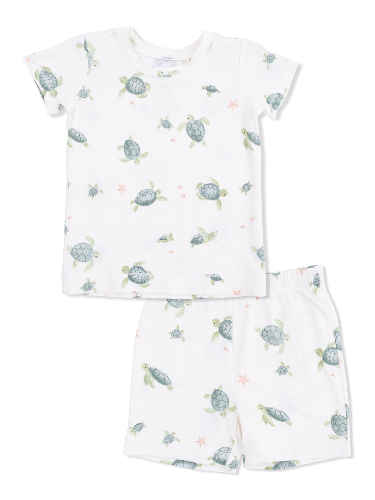 Children's pajama set featuring a turtle print on a white background, includes a short-sleeve shirt and shorts.