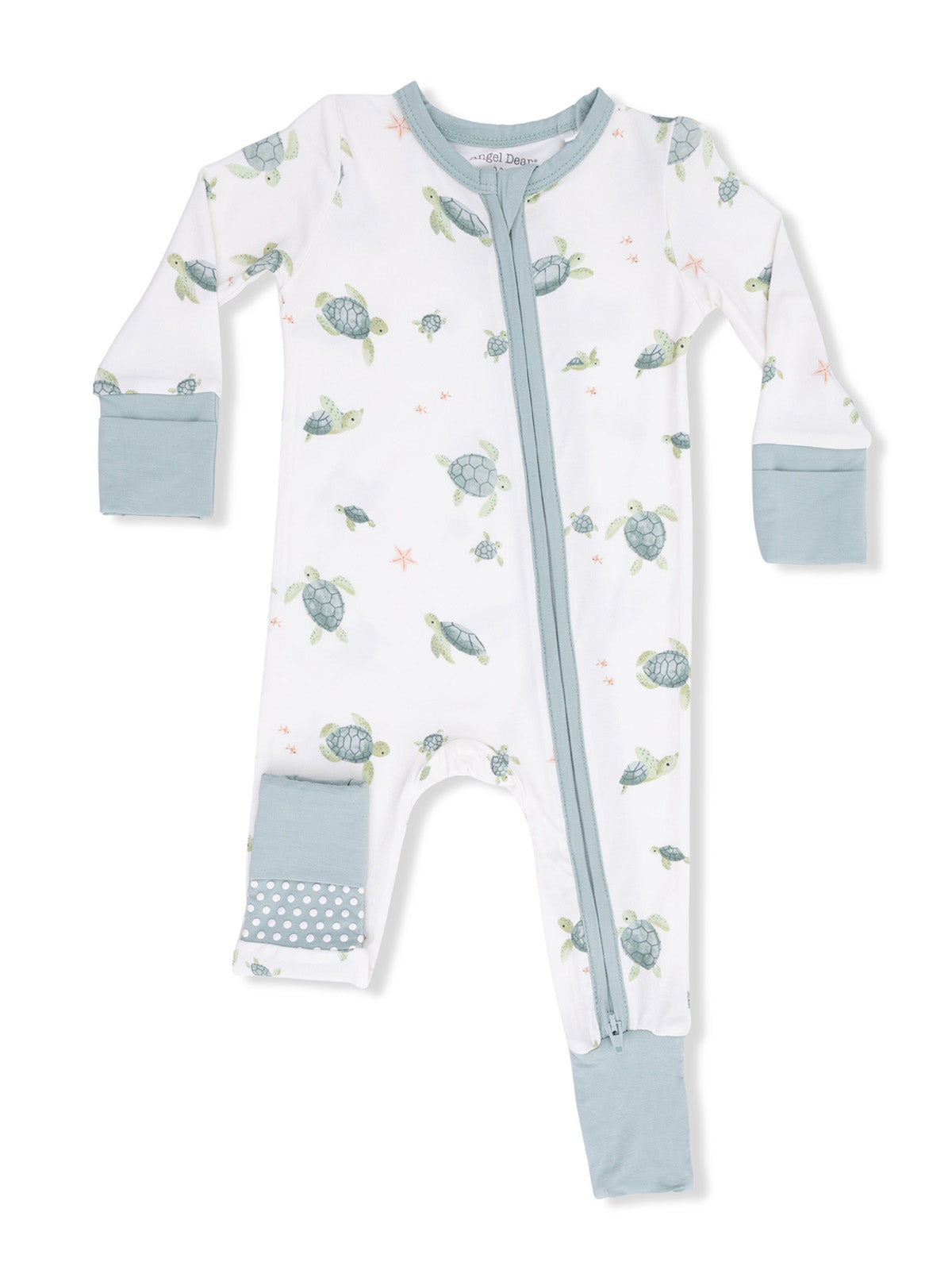 White baby onesie featuring green sea turtles and starfish, with blue cuffs and a full-length zipper.