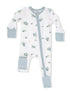 White baby onesie featuring green sea turtles and starfish, with blue cuffs and a full-length zipper.