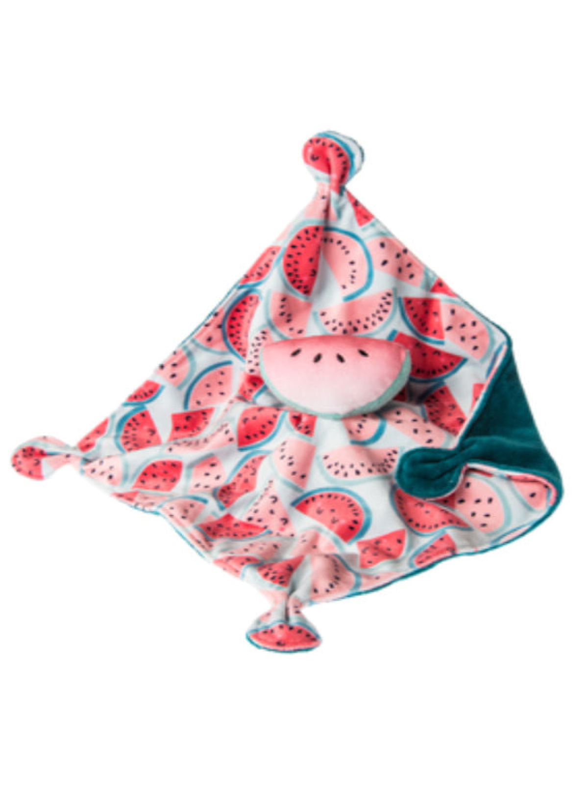 Watermelon-themed plush blanket with soft fabric and knotted corners, perfect for babies and toddlers.