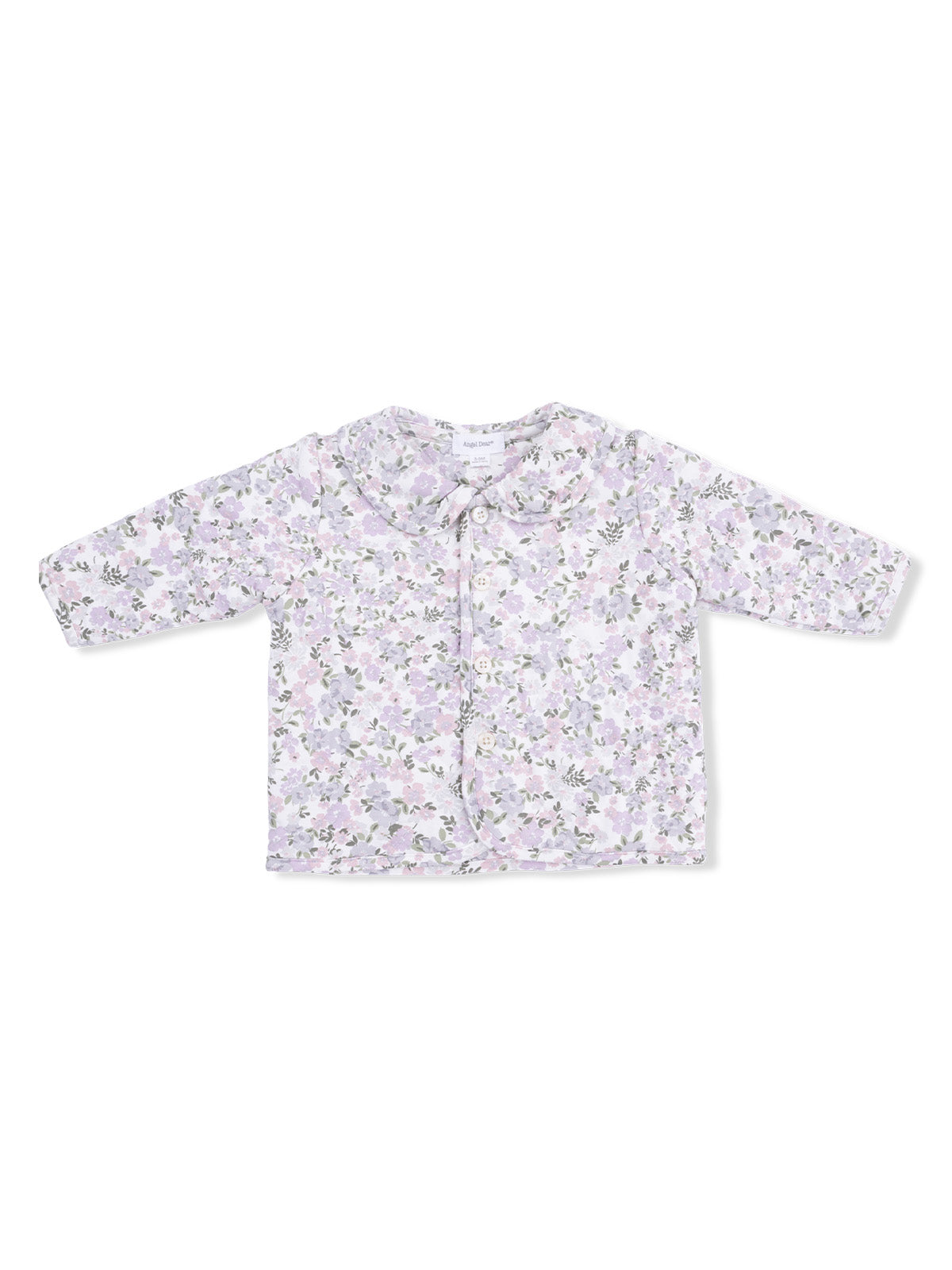 Light purple floral button-up baby blouse with a Peter Pan collar and long sleeves.
