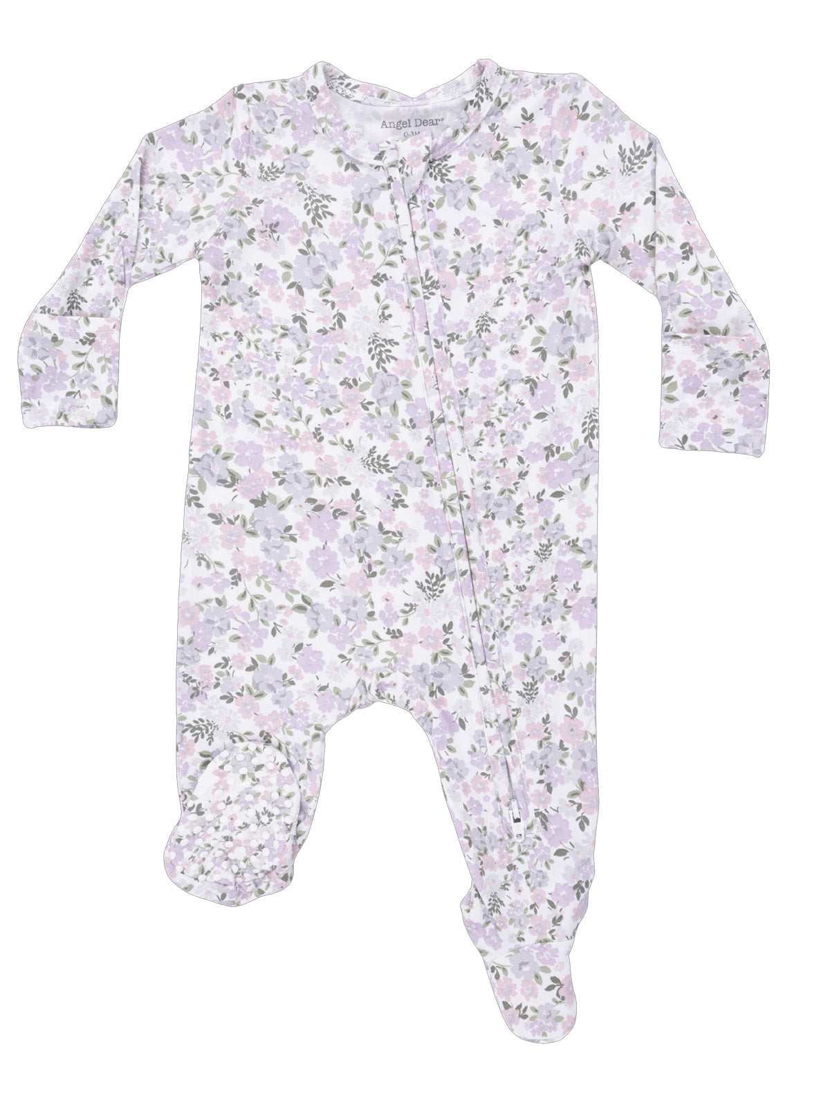 Floral-patterned baby onesie in pastel colors with long sleeves and footed design.