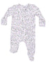 Floral-patterned baby onesie in pastel colors with long sleeves and footed design.