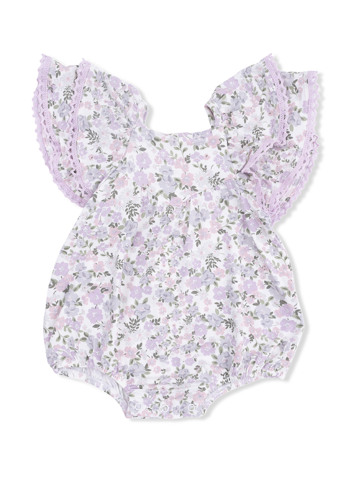 Floral baby romper with flutter sleeves in light purple, featuring a delicate print of flowers and green leaves.
