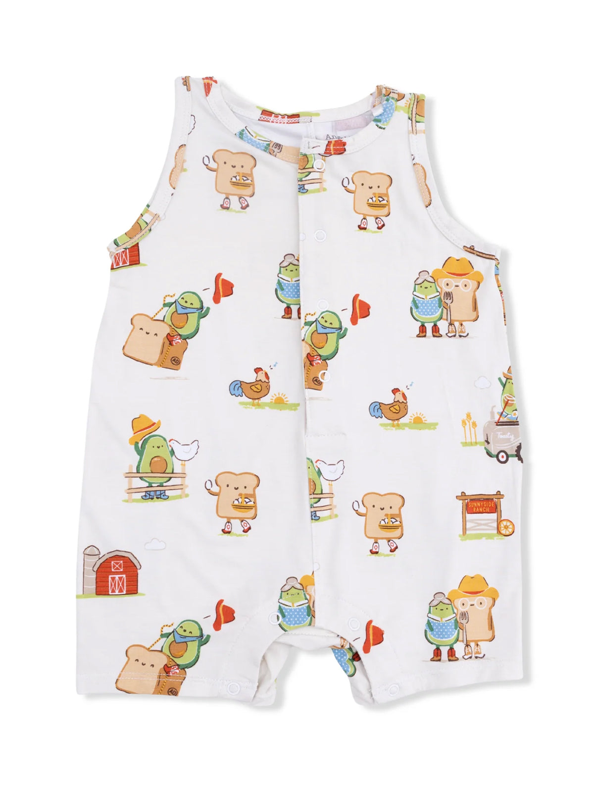 White romper featuring playful food-themed characters like bread, avocado, and farm animals. Ideal for infants.