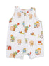 White romper featuring playful food-themed characters like bread, avocado, and farm animals. Ideal for infants.