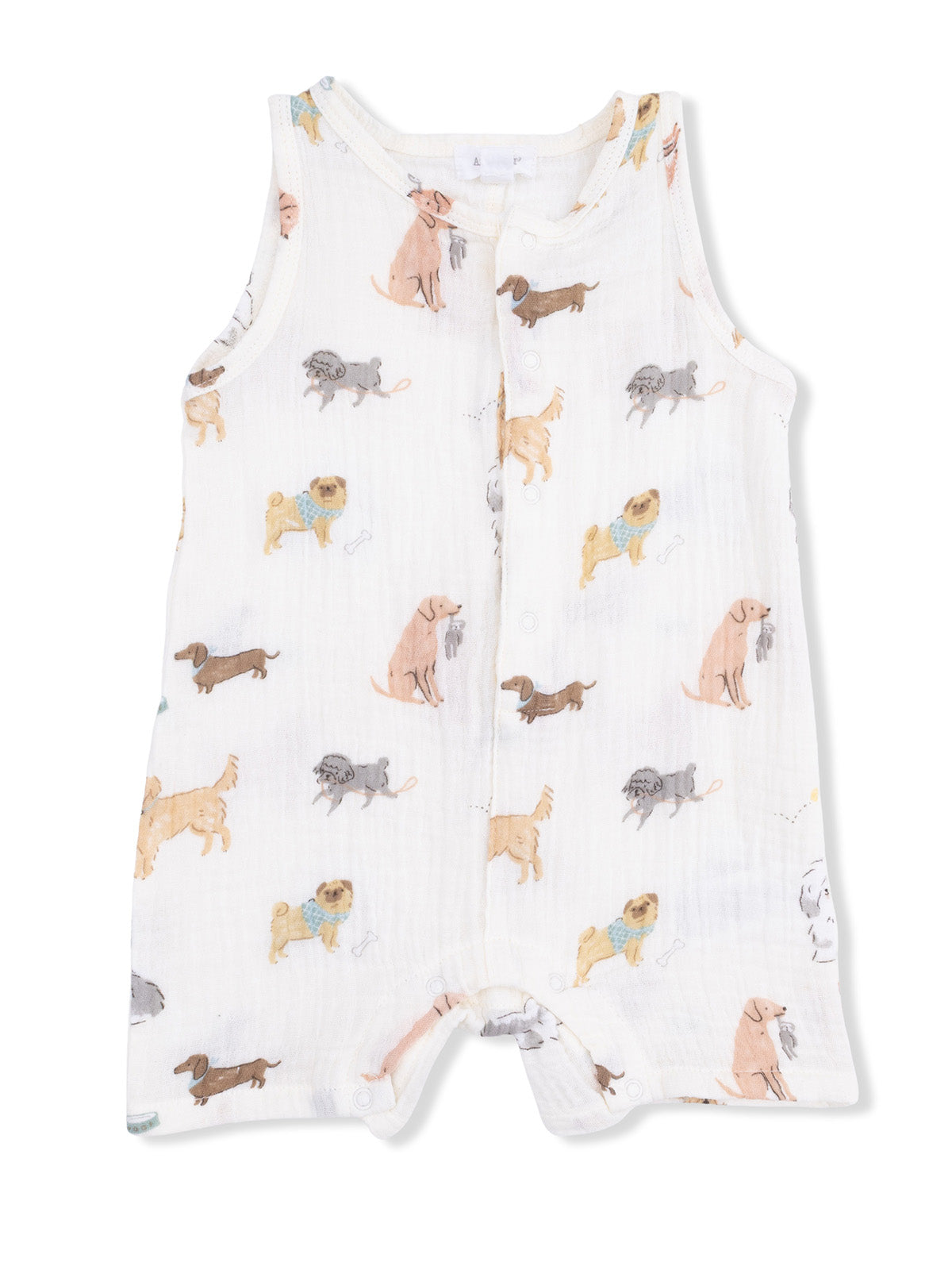 Cute baby romper featuring colorful illustrations of various dog breeds on a light background.