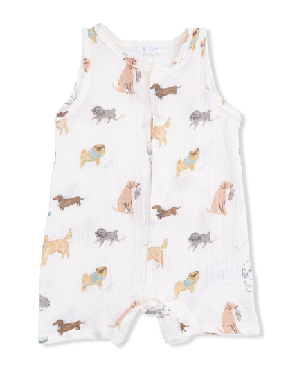 Cute baby romper featuring colorful illustrations of various dog breeds on a light background.