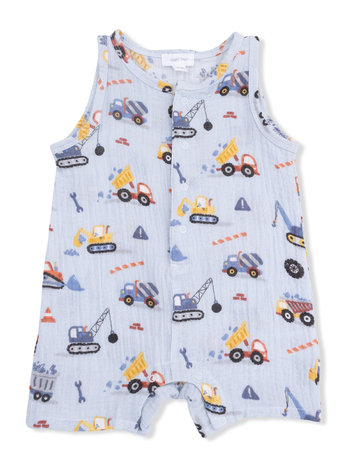 Light blue romper with construction vehicles and tools pattern, ideal for toddlers. Fun and playful design.