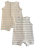 Two infant rompers in soft fabric, featuring pastel stripes and snap buttons at the back, one pastel, one gray.