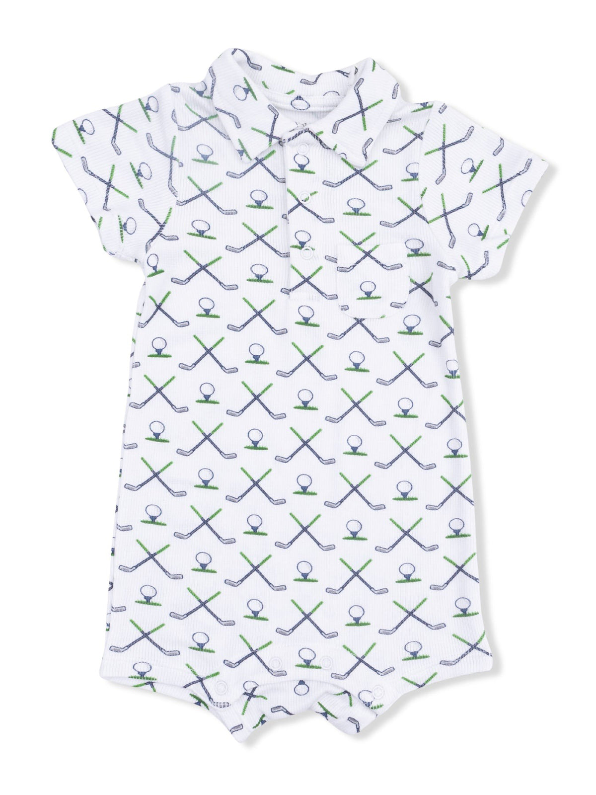 White baby romper with green and navy golf-themed patterns. Short sleeves and snap closures at the bottom.