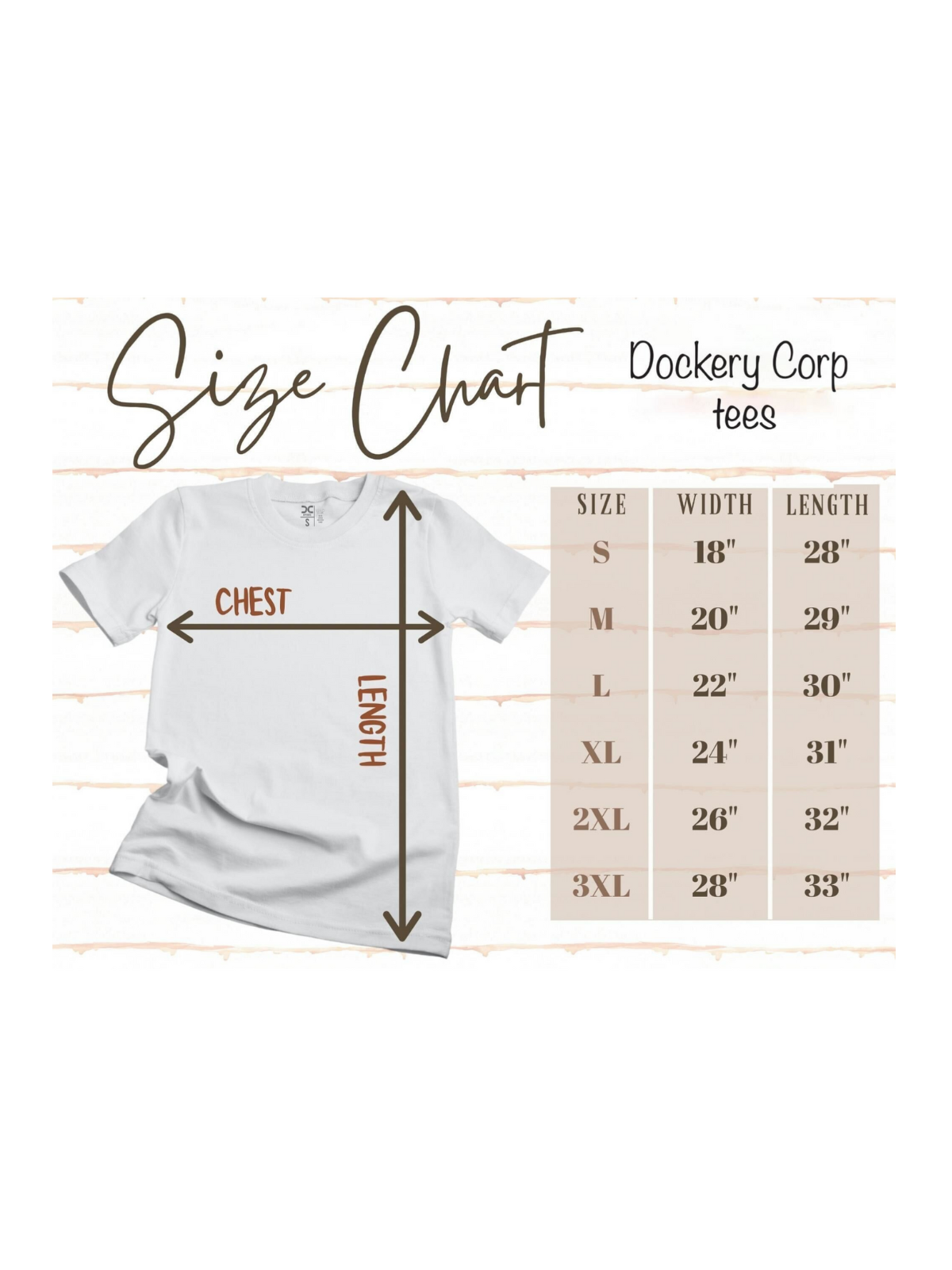 Size chart for Dockery Corp tees, detailing chest width and length for sizes S to 3XL.
