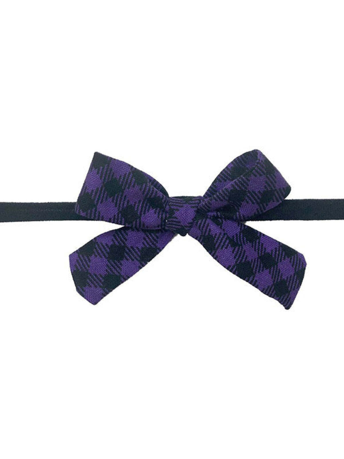 Purple and black checkered bow on a black headband, stylish accessory for children or adults.