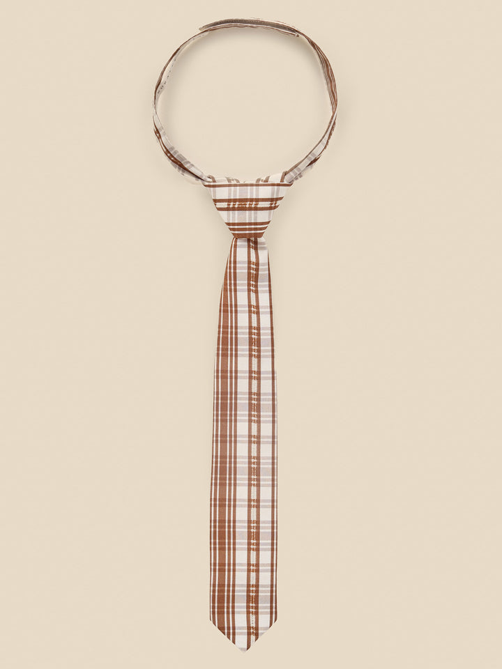 Brown and white plaid tie displayed against a neutral background.
