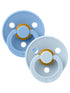 Two blue pacifiers with an orange button, designed for infants, featuring a round shield and holes for ventilation.