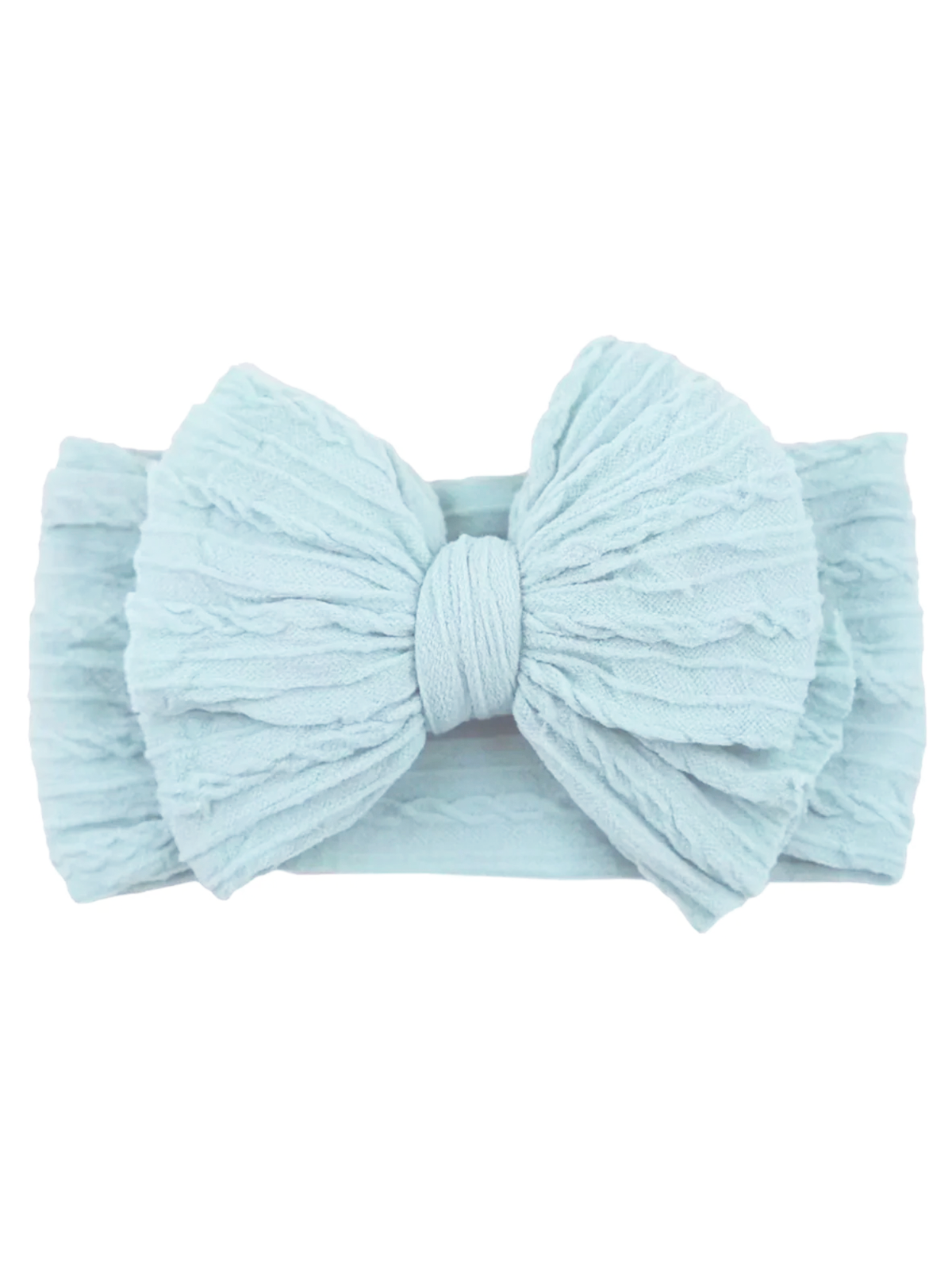 Light blue fabric headband featuring a large, textured bow at the center.