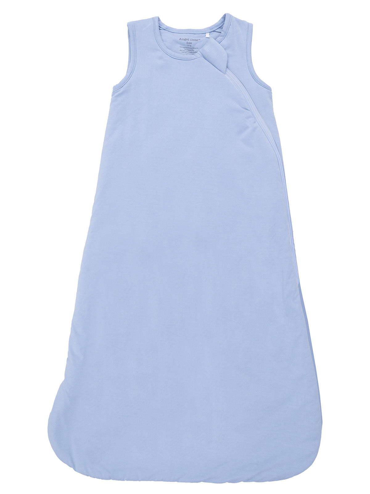 Light blue baby sleep sack with sleeveless design and side zipper for easy dressing.