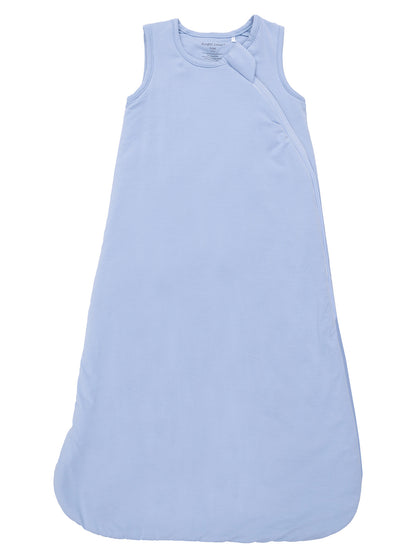 Light blue baby sleep sack with sleeveless design and side zipper for easy dressing.